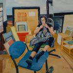 Gabi mit offenen haaren strickend, Öl 90x90cm, 2019