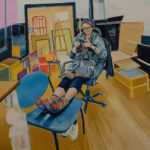 Gabi, strickend Öl, 90 x 90 cm 2019 erstes Bild der Serie